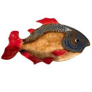 Pier 1 Sushi Porcelain Platter 12 inch fish Hand Painted Red Blue Brown